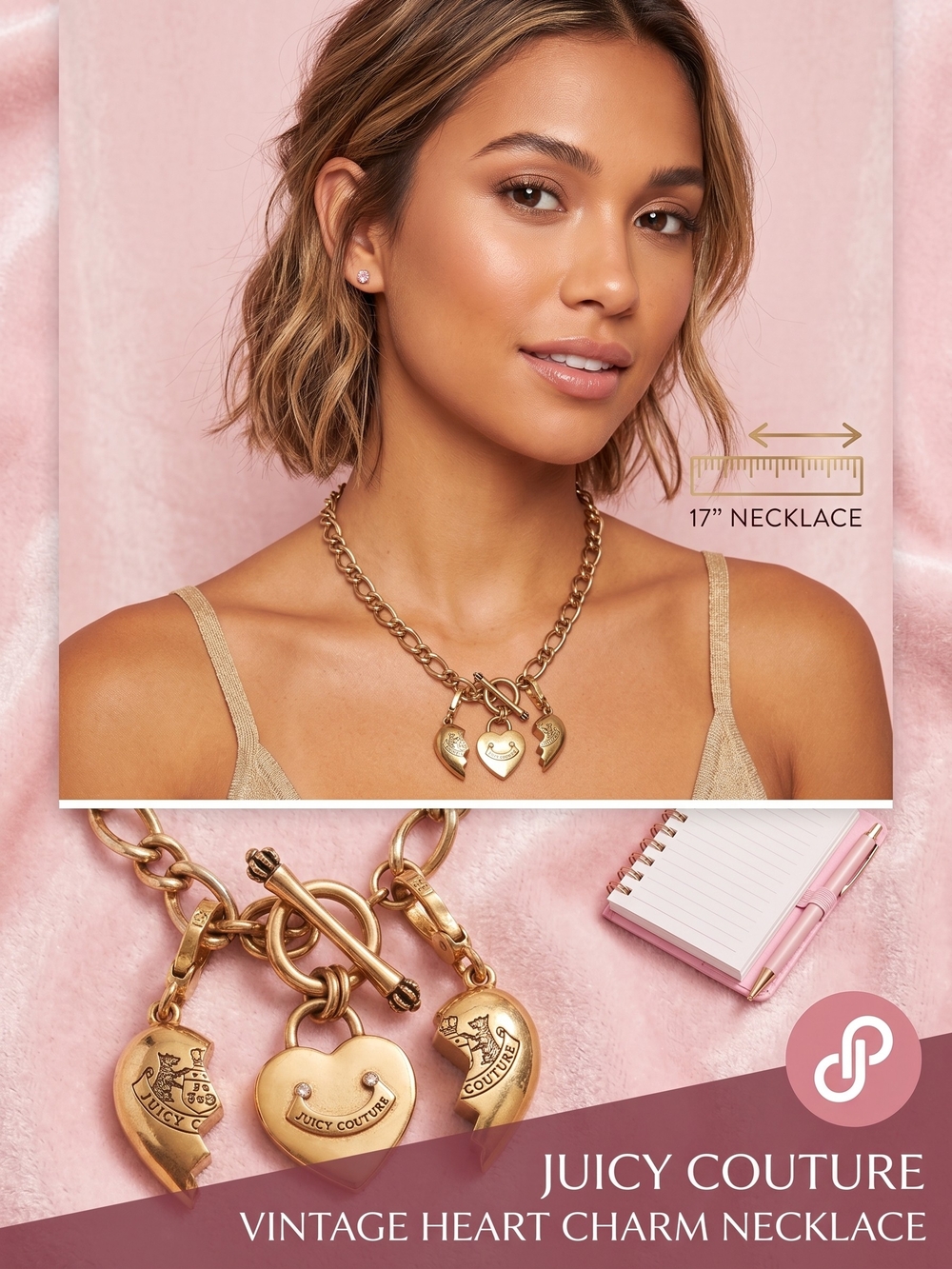 Juicy Couture Gold Tone Heart Charm Toggle Necklace